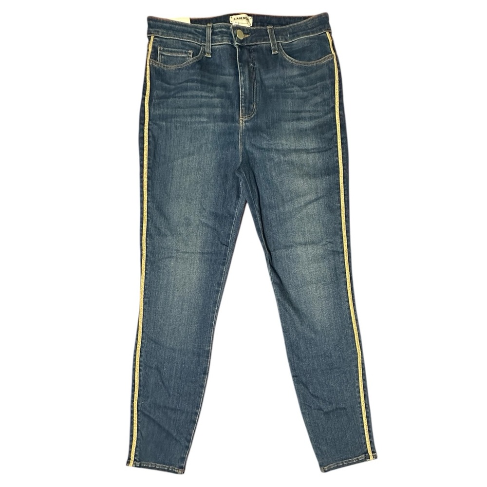 L’Agence Jeans Margot Womens Sz 31 High Rise Skinny Gold Tuxedo Stripe Denim